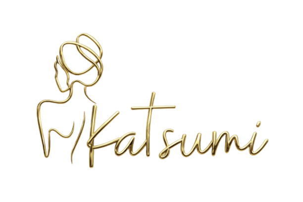 Katsumi logo with gold silhouette of woman. 